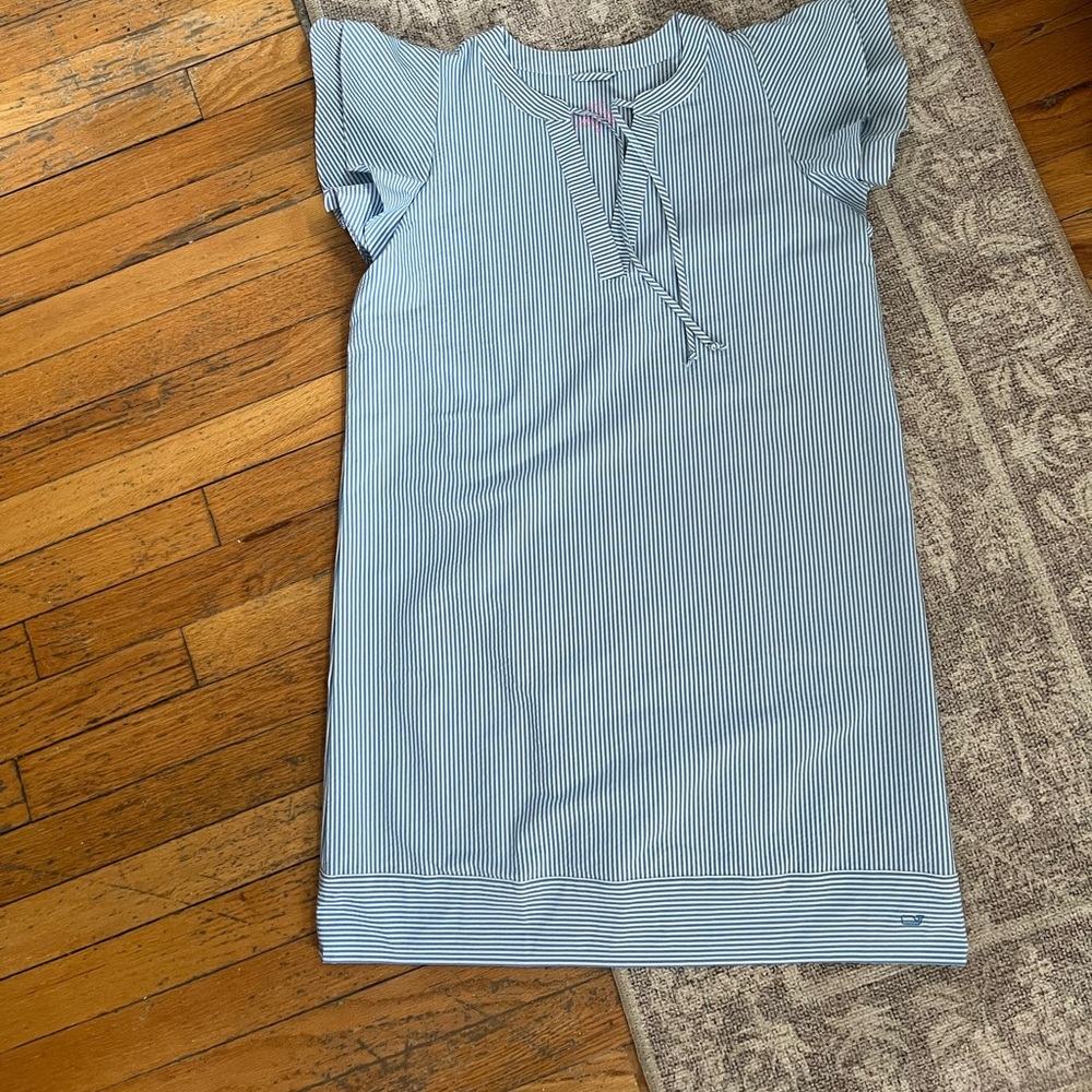 Vineyard Vines dress performance ruffle sleeve shift blue and white stripes - Picture 7 of 12